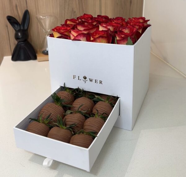 Boxed Roses and Chocolate covered strawberries 